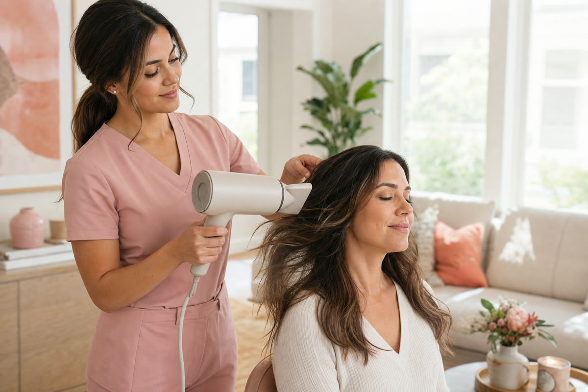 Hair being blow-dried before the second lice treatment comb-through