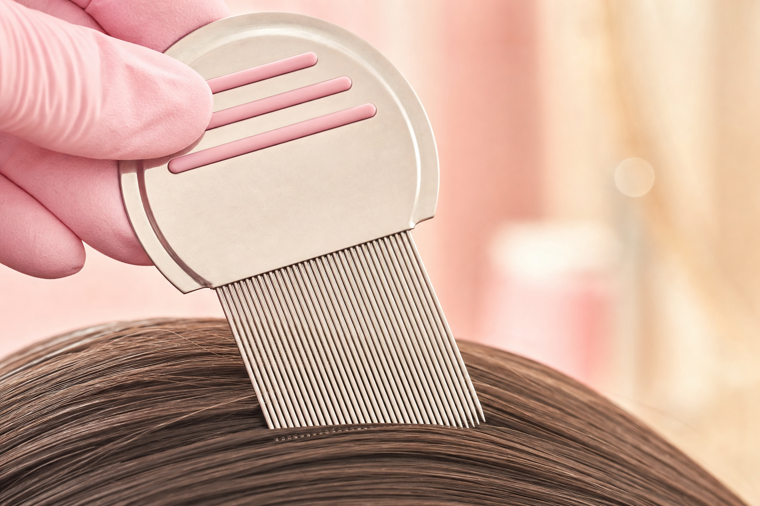 Close-up of a professional fine-tooth lice comb combing through healthy hair