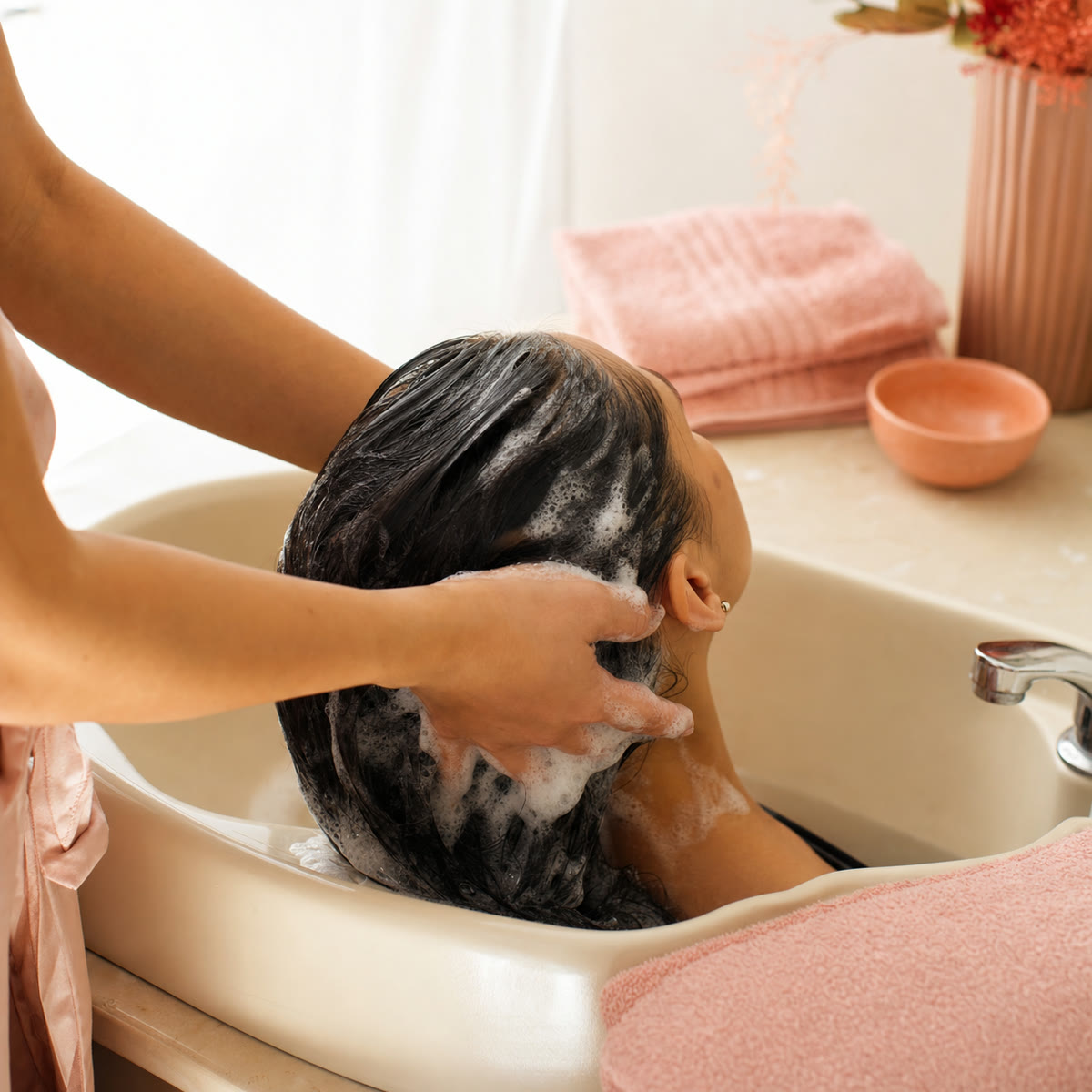 Hair being gently washed after natural lice treatment