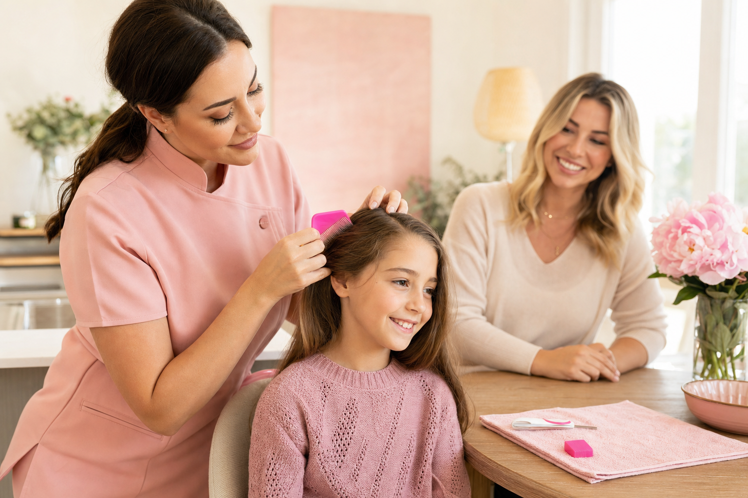 LiceAway technician gently comb-checking a child's hair at home while the reassured mother watches
